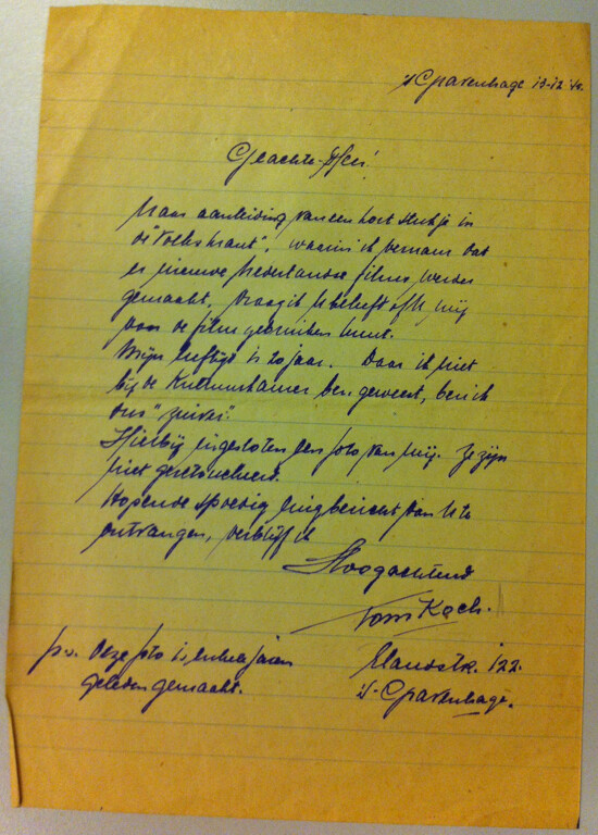 Voorbeeld van een brief uit het Mazure-archief. Collectie: Filmhuis Den Haag.